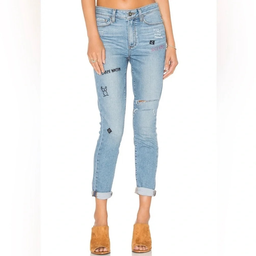 Paige Hoxton Ankle Caprice Embroidery Vintage 90s Punk Blue Ripped Jeans Sz 29 - Picture 1 of 9